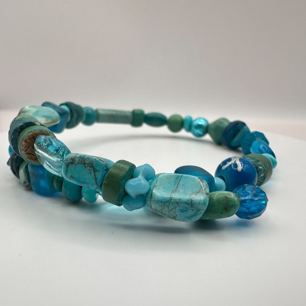 Vintage 90s Booho Teal Turquoise Blue Stones Wrap Bracelet Beachy Hippie Jewelry